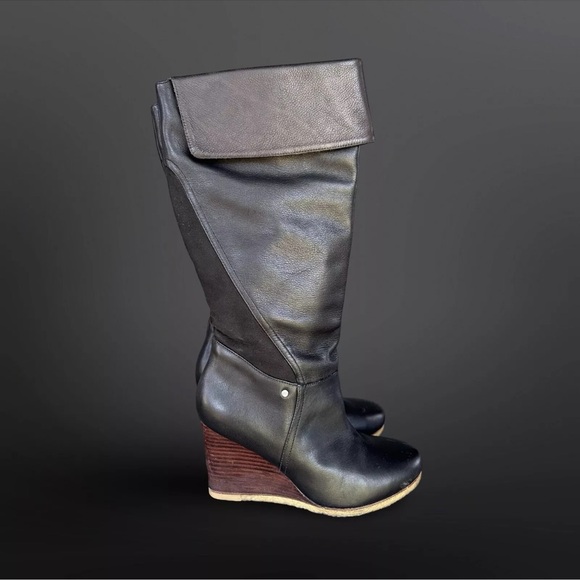 Ugg RAVENNA Black Tall Wedge Fall Winter Leather Cuffed Knee Boot - Size 8.5 - Picture 3 of 10